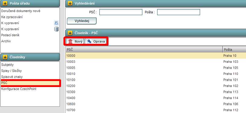 PSČ - číselník obsahující poštovní směrovací