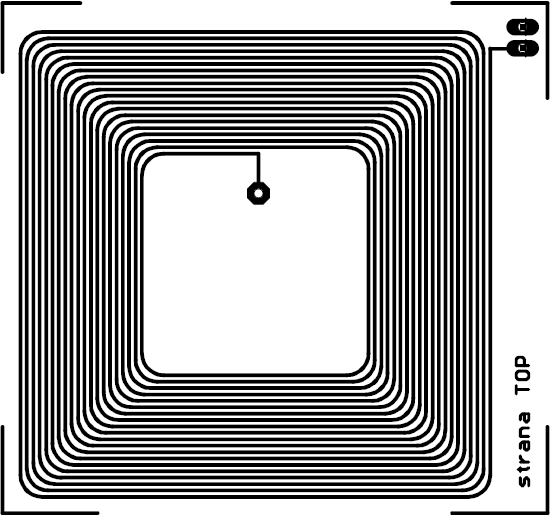 A.2 Deska plošného spoje obvodu čtečky RFID (strana součástek) Rozměr desky 26 x 38 [mm], měřítko M1:1 A.