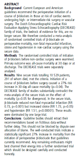 Metaanalýza 2013 zahájení BB před ne-kch oper. výsledek: 30denní mortalita 9 studií, 10 529 pacientů 30denní mortalita vyšší o 27 %!