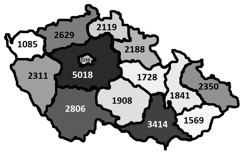 2013) Obrázek 6 - Počet aktivních keší v jednotlivých krajích České