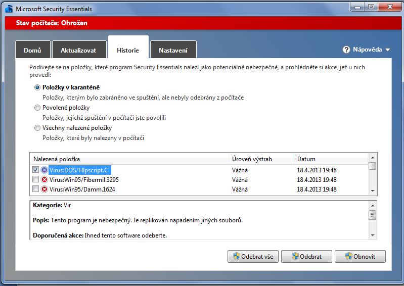 Obrázek 9 - možnosti, které mohou být s nalezeným škodlivým softwarem učiněny 8.1.4.7. Shrnutí Následující tabulka obsahuje hodnocení programu Microsoft Security Essentials v jednotlivých kritériích.
