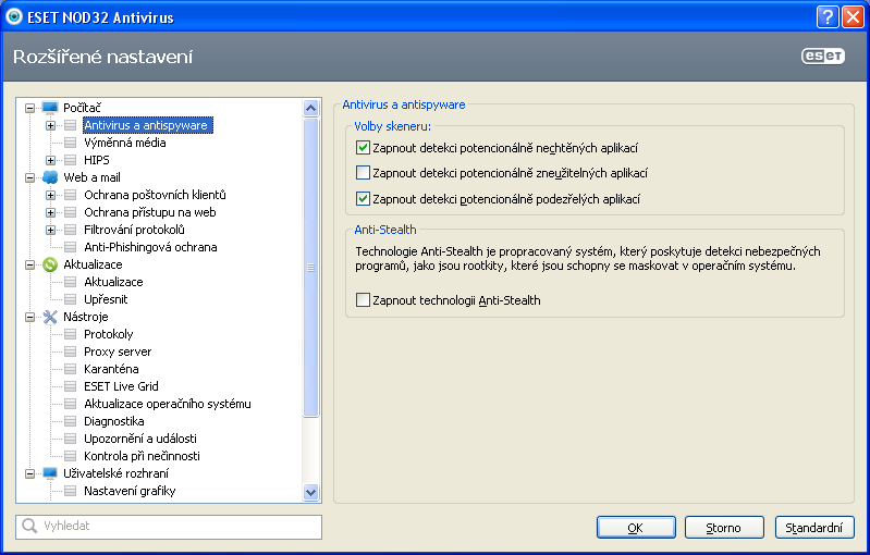 Obrázek 20 - možnosti nastavení v programu ESET NOD32 Antivirus 6 Produkt ESET Smart Security 6 má opět totožné uživatelské rozhraní s produktem předchozím.