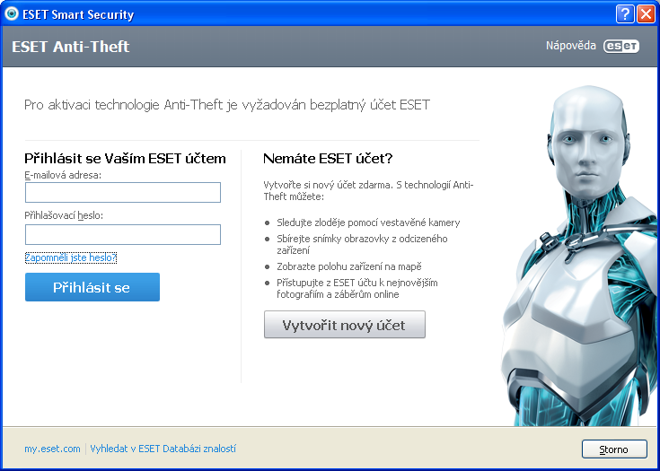 Obrázek 21 - možnost přihlášení ke službě Anti-Theft v programu ESET Smart Security 6 8.1.7.6. Cena vybraných produktů Ceny produktů jsou uváděny za 1 rok pro 4 počítače včetně DPH.