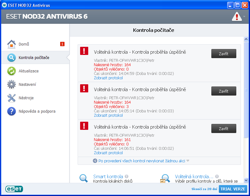 Obrázek 22 - jednotlivě prováděné kontroly v programu ESET NOD32 Antivirus 6, popsané výše ESET Smart Security 6 Opět se v programu zvolí cesta Kontrola počítače => Volitelná kontrola a vybere se