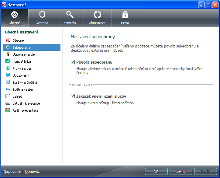 Obrázek 28 - možnost nastavení sebeobrany 8.1.8.6. Cena vybraného produktu Malé podniky mají na výběr zakoupení licence pro 5 počítačů a 1 souborový server nebo pro 10 počítačů a 1 souborový server.