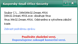 Obrázek 31 - hlášení o automatickém odstranění nalezeného viru v programu Kaspersky Small Office Security 8.1.8.8. Shrnutí Následující tabulka znázorňuje množství bodů, získaných v jednotlivých kritériích.