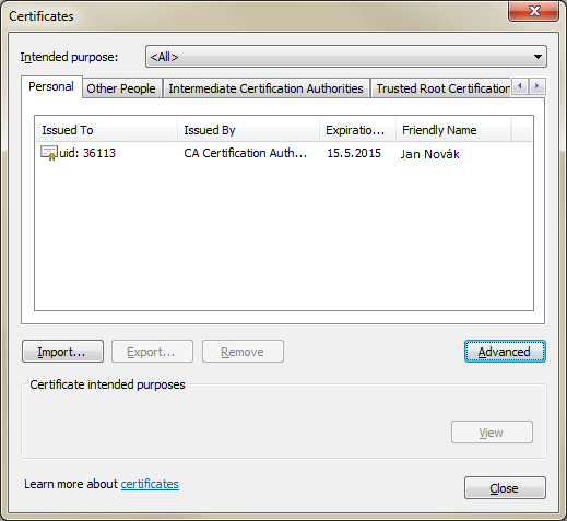 12 Pak potvrďte hlášku Import úspěšně proběhl kliknutím na tlačítko OK. Váš SSL certifikát se objeví na seznamu certifikátů.