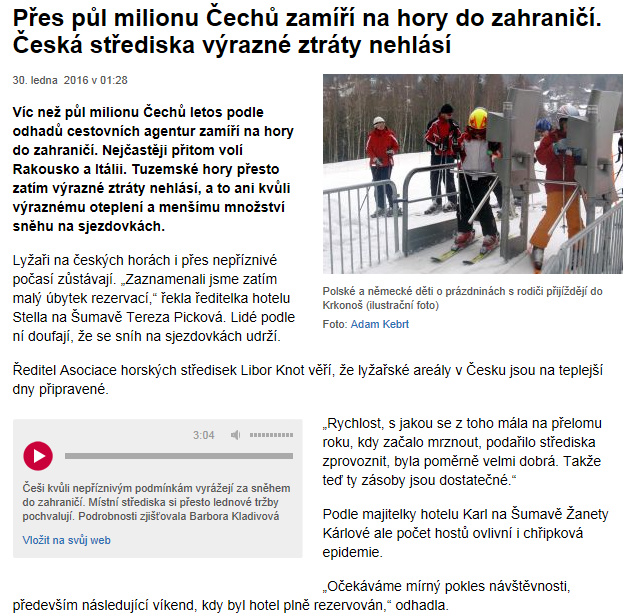 Přes půl milionu Čechů zamíří na hory do zahraničí. Česká střediska výrazné ztráty nehlásí zpravy.