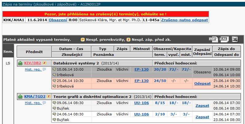 V pravé části tabulky se nachází tlačítka pro kopírování termínu, přidání skupiny předmětů k termínu (dvě menší tlačítka v záhlaví tabulky), dále větší tlačítko pro úpravu termínu a tlačítko pro