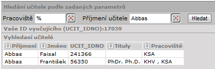 Uživatel s rolí katedra, který může nahrát soubor i za jiné vyučující, musí doplnit do souboru do sloupce zk_ucit_idno, popř. zppzk_ucit_idno ID číslo vyučujícího.