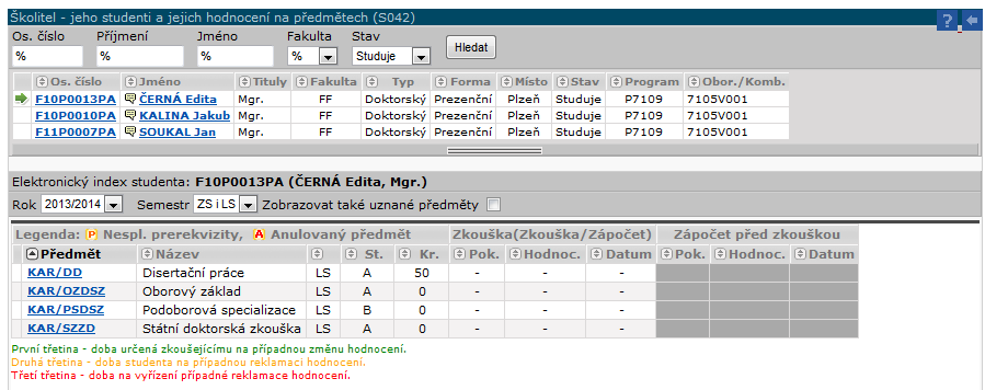 Přehled školitele V této části můžete sledovat průběh a stav studia studentů, u kterých jste vedeni jako školitelé.