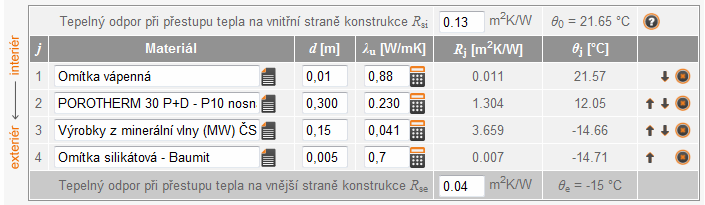 Výpočet součinitele prostupu tepla - U Skladba S1 - obvodová stěna Skladba: vnitřní omítka vápenná štuková, barva bílá, tl. 10 mm keramické tvárnice Porotherm 300 AKU P+D, tl.