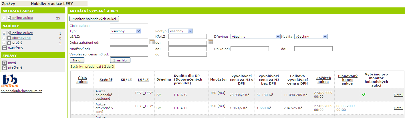 Prohlížení probíhajících aukcí kliknutím na Nabídky a aukce LESY ( ) se vrátíte do základní nabídky v levé části se zobrazí menu (
