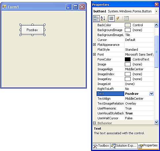 Přid{ní komponenty na formul{ř Komponentu z ToolBoxu vybereme tak, že na ní klikneme a přet{hneme ji na pr{zdný formul{ř. Vyberme například komponentu Button (tlačítko).