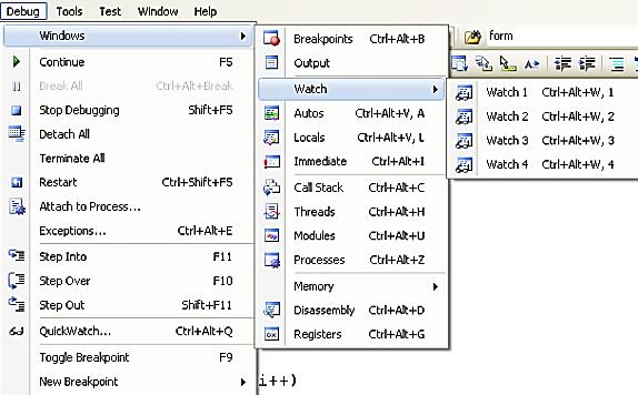 Použité kl{vesové zkratky se zobrazují v nabídce Debug, kde můžeme krokov{ní zastavit a program restartovat. Ladicí panel si můžeme zobrazit volbou: View Toolbars Debug.