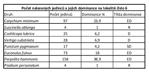 5 Praktická část - 32 - Lokalita 5 Na této lokalitě bylo nalezeno 13 druhů o celkovém počtu 1025 jedinců. Tab.