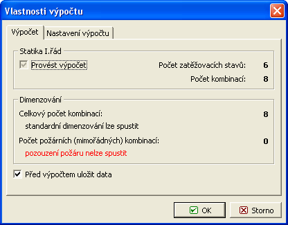 Spuštění výpočtu Po spuštění položky "Výpočet" se zobrazí dialog před výpočtem. Potvrdíme tlačítkem "OK". Poté proběhne výpočet a zobrazí se okno s informacemi o průběhu výpočtu.