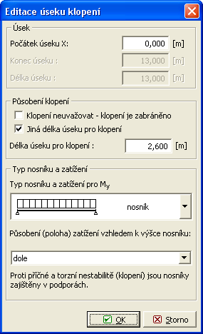 Editace parametrů klopení V samostatném okně pak zadáme klopnou délku a typ a polohu působícího zatížení. Okno ukončíme tlačítkem "OK".