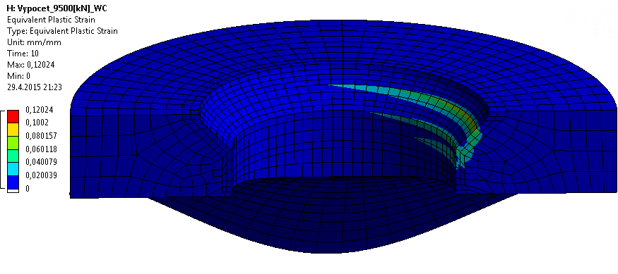 Obr. 52 Ekvivalentní plastická deformace Ze zobrazených výsledků je zřejmé, že napětí v kuželové ploše nepřekročí mez kluzu materiálu.