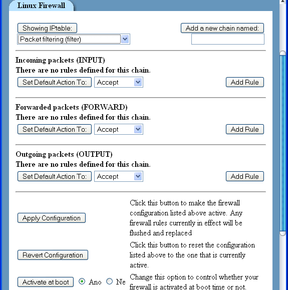 UTB ve Zlíně, Fakulta aplikované informatiky, 2007 26 Obr. 6. Webmin ukázka tabulky filter 2.4.2 Firewall Builder Jedná se o multi-platformní nástroj pro konfiguraci firewallu.