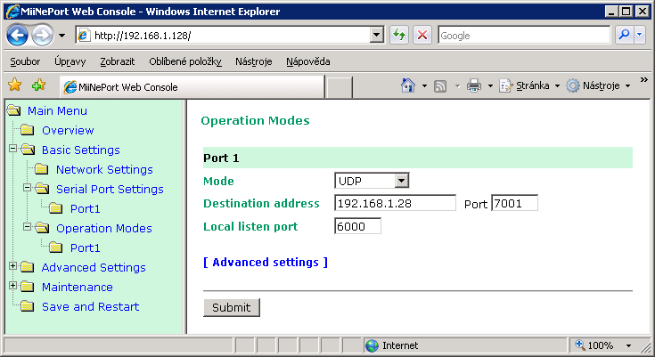 3) ze stromečku vlevo vybereme Basic Settings - Operation Modes - Port1 : V řádku Mode vybereme požadovaný režim činnosti převodníku.