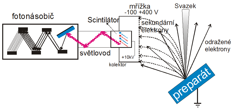 Odražené elektrony, na rozdíl od nich, vystupují z větší hloubky a reagují citlivě na změnu složení (průměrné protonové číslo v daném místě) (obr. 36).