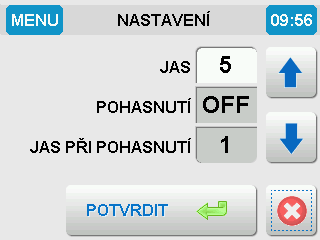 8.1.1 VÝBĚR MELODIE 1-5 - výběr melodie 8.1.2 NASTAVENÍ DISPLEJE JAS - úroveň 1 až 5 POHASNUTÍ ON - displej po uplynutí 3 min.