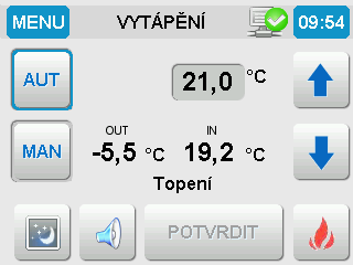 7 VYTÁPĚNÍ - hlavní obrazovka Obrazovka MENU Režim AUTO - nastavení teploty dle termostatu Režim MANUAL - ruční nastavení teploty Aktuální venkovní teplota /ekvitermní režim/ Signalizace datového