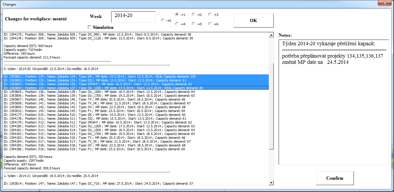 4.6.3 Plánování změn v rozvržení výroby Další důležitou funkcí aplikace je možnost přeplánování výroby s možností průběžného porovnávání aktuální situace s plánem.
