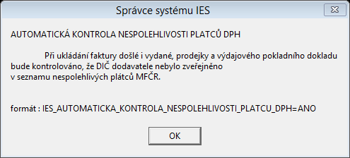 IES.26 Automatické doplnění kurzovního lístku dle ČNB formát: IES_KURZOVNI_LISTEK_CNB=n kde n nabývá hodnot: 0 nedoplňovat 1 denní kurzovní lístek 2 týdenní kurzovní lístek (pondělí) 3 měsíční