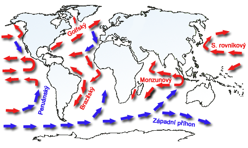 15. Barevně zakresli a popiš do mapky nejznámější teplé a studené mořské proudy: Obr. 2: Slepá mapa světa 16. Které oblasti Asie ohrožují vlny tsunami?