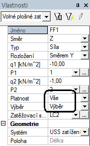 Protože jsme ve vlastnostech zatížení nastavili výběr. Musíme ještě zadat přes akční tl. Oprava výběru ploch stěnu, na kterou bude zatížení působit.