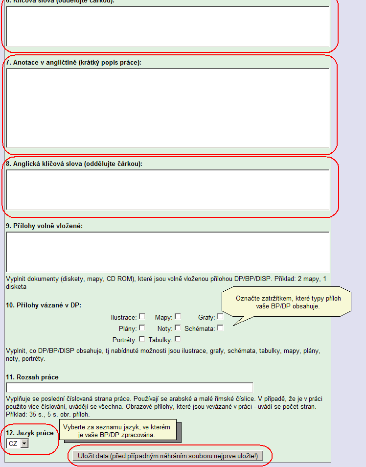 Obrázek 9-Formulář na doplnění údajů o BP/DP studentem.