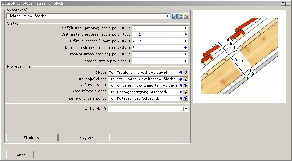Stiskněte tlačítko Průniky atd.. Vysvětlení Vrstvy: v oblasti Vrstvy je nastaveno, na které střešní vrstvě budou stěny a stropy oříznuty.