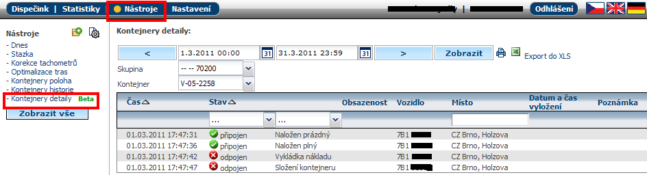 4. Kontejnery detaily Poslední, ale o to velmi důležitá agenda v záložce Nástroje, nahrazuje u kontejnerů knihu jízd. 5. Zobrazení na mapě V mapě přibyla nová ikona Zobrazení kontejnerů (1).