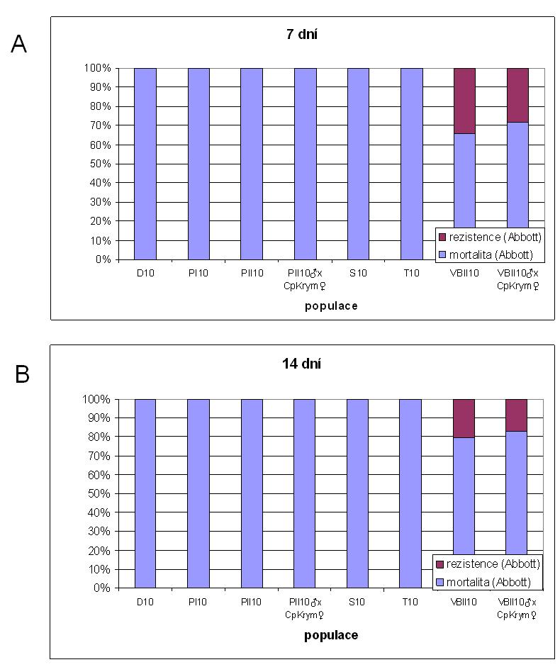 Obrázek 5.7: Grafické znázornění celkového podílu rezistentních jedinců u hodnocených populací po A) 7 dnech B) 14 dnech v roce 2010. Mortalita upravena podle mortality v kontrole (Abbott, 1925).