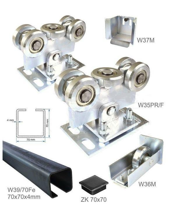 SAMONOSNÝ SYSTÉM Kompletní sady bez pohonu Samonosný systém 70x70x4mm pro posuvné brány do 200 kg/4,5m šířky průjezdu 1x C profil 70x70x4mm, délka 6m, černý (kód: W39/70Fe) 2x Krytka plastová 70 x 70
