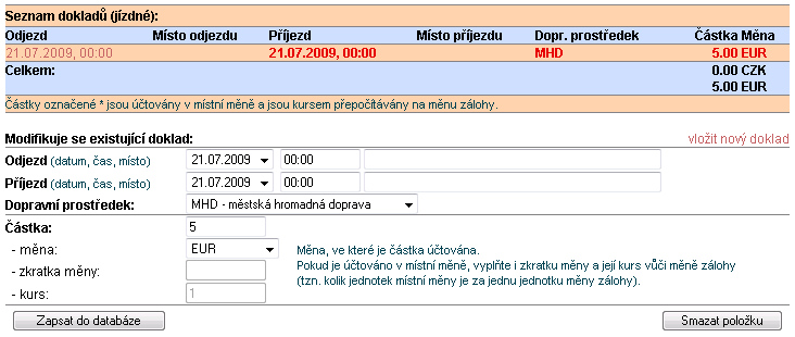 Tlačítkem můžete doklad jízdného smazat. Můžete použít odkaz vložit nový doklad.