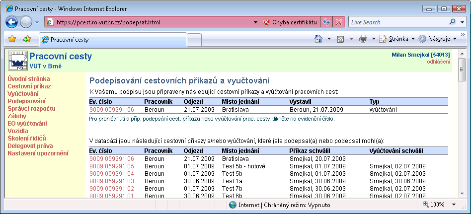 7. Podpis vyúčtování pracovní cesty nadřízenou osobou Na váš email je doručena zpráva s žádostí o podpis vyúčtování cestovního příkazu jako nadřízeného pracovníka.