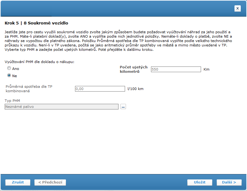 Pole Popis Vyúčtování PHM dle dokladu o nákupu: Ano Počet ujetých Celková ujetá vzdálenost, hodnota bude předvyplněna dle kroku 4.