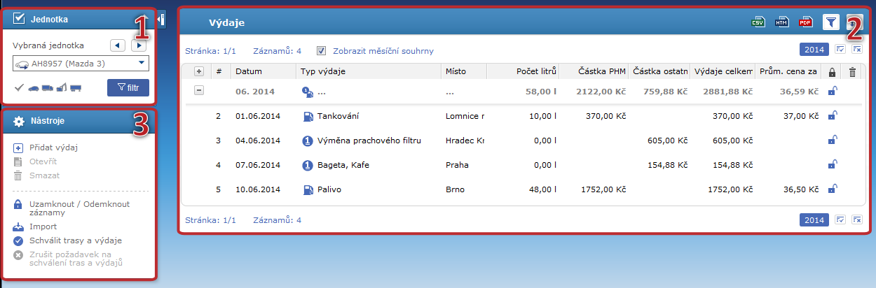 Datum a čas výjezdu;datum a čas příjezdu;cesta;účel;řidič;soukromé km;služební km;celkem km;tachometr 14.9.