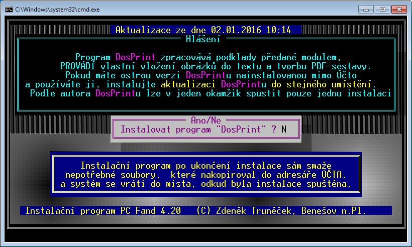 Po skončení instalace modulu je nabídnuta instalace programu DOSPRINT, který ve Windows zajišťuje vložení obrázků a tvorbu PDF-sestavy.