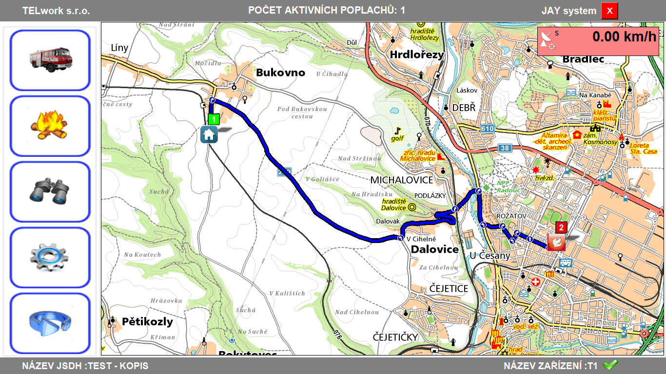 Modul: Tablet - GPS navigace Modul GPS slouží k zobrazení informace o místě události a pokud je jednotka vybavena GPS přijímačem, je zobrazena i aktuální pozice na mapovém podkladu.