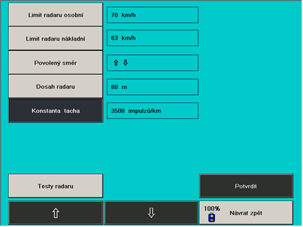 7.5 Nastavení radaru Obr. 146 Nastavení radaru Na Obr. 146 se nachází 5 tlačítek režimů. Stiskem jednotlivých tlačítek režimů si zvolíme údaj, který můžeme nastavit šipkami a.