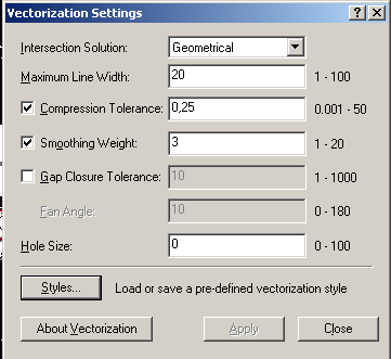 VECTORIZATION SETTINGS - Intersection solution nastavení řešení vypočtení vektoru - Maximum line width výběr maximální šířky linie - Compression tolerance nastavení komprese - Smoothing weight