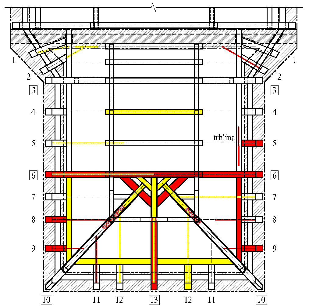 Krov presbytáře schéma stupně poškození Obr. 47 Zakreslení stupně poškození prvků půdorys presbytáře kostela.