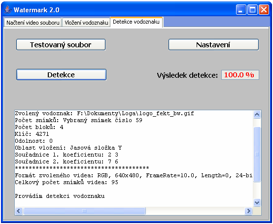 samotnou detekci nemá vliv. Hodnota výsledku je zobrazená v procentech a udává shodu detekovaného vodoznaku s originálním vodoznakem. Obr. 10: Watermark 2.