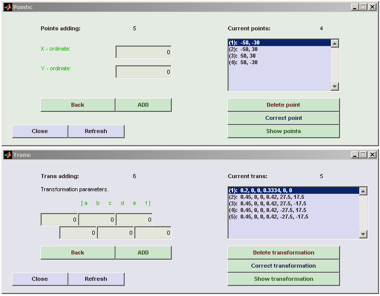 Nástroj pro modální analýzu FPA 3.2. AntTool 3.2.1 Generace IFS Zadávání bodů Zadanými body je definován výchozí objekt, odpovídající okna AntTool ukazuje obr. 3.6 nahoře a 3.7 vlevo.