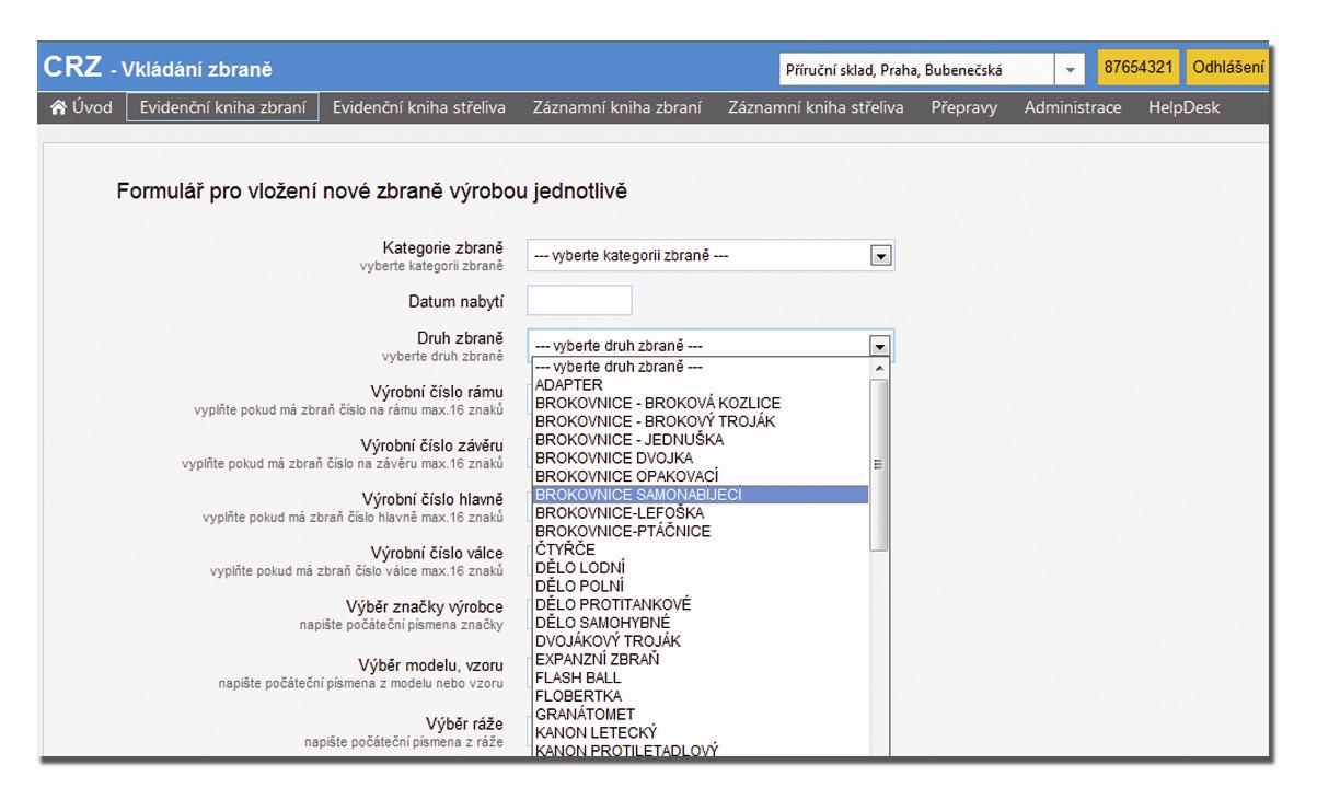 Obr. 4 Na dalším obrázku (obr. 5) je zobrazena část formuláře pro vložení nové zbraně výrobou.