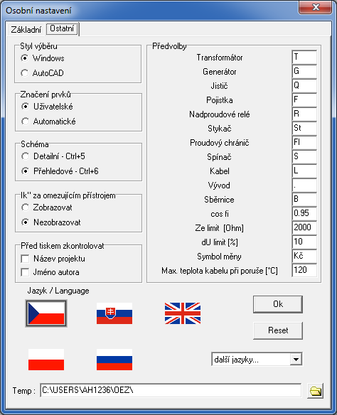 údaje vyplněny. Přepínač I k za omezujícím přístrojem je ve výchozím nastavení Nezobrazovat.